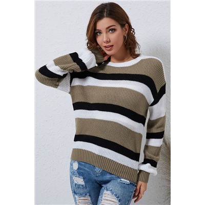 Gray Striped Colorblock Pattern Knit Sweater