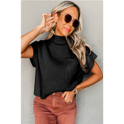 Black Patch Pocket Ribbed Knit Short Sleeve Sweater