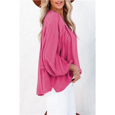 Розовая блузка с V-образным вырезом и длинным рукавом