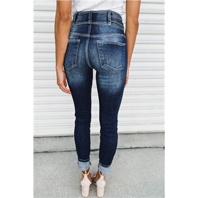 Blue Vintage Washed Two-button High Waist Skinny Jeans