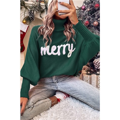 Blackish Green Merry Letter Embroidered High Neck Sweater