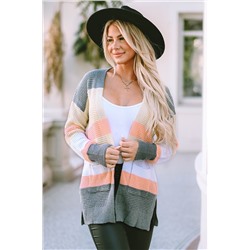 Multicolor Color Block Striped Pocketed Open Cardigan