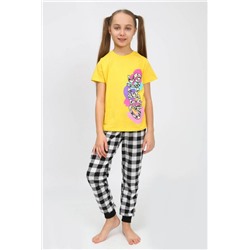 91240 Пижама для девочки (футболка, брюки) (Желтый/черная клетка)