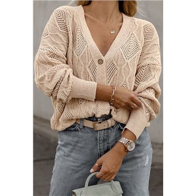 Apricot Plus Size Knitted Hollow out Button up Cardigan