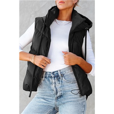 Black Sleek Quilted Puffer Hooded Vest Coat