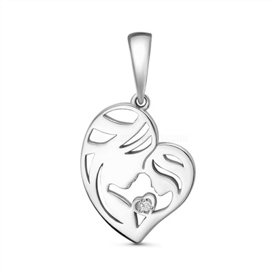 Подвеска сердце из серебра с фианитом родированная - Мать и дитя