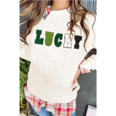 White LUCKY Chenille Embroidered Cable Knit Pullover Sweatshirt