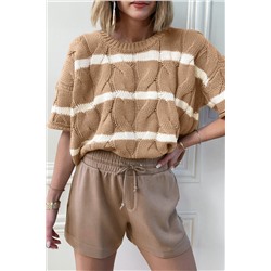 Dark Khaki Striped Cable Short Sleeve Sweater