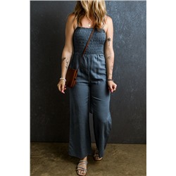 Sky Blue Smocked Spaghetti Straps Tied Back Wide Leg Jumpsuit