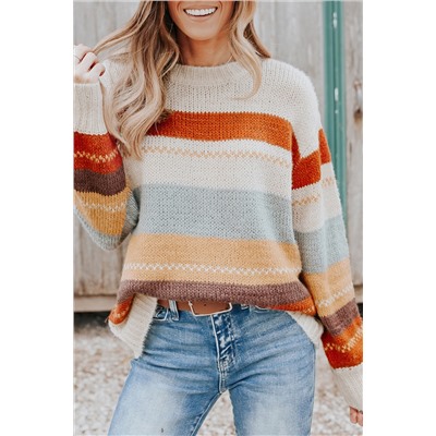 Бежевый свитер оверсайз в разноцветную полоску с заниженными плечами