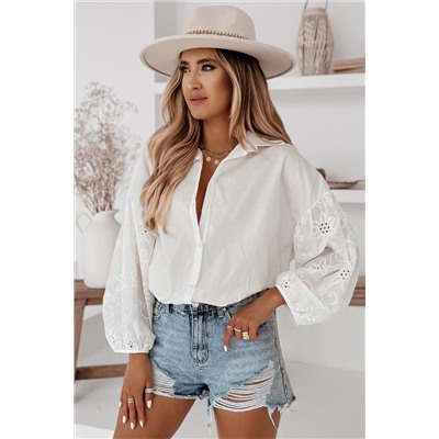 White Eyelets Embroidered Puff Sleeve Buttoned Shirt