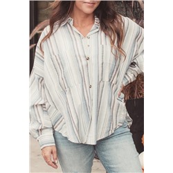 Stripe Oversized Chest Pockets Puff Sleeve High Low Shirt