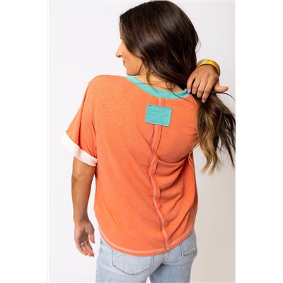 Grapefruit Orange Contrast Trim Exposed Seam V Neck T-shirt