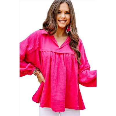 Rose Crinkle Collared V-Neck Bubble Sleeve Flowy Blouse