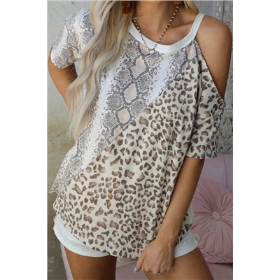 Snakeskin Leopard Color Block Cold Shoulder Short Sleeve T-shirt