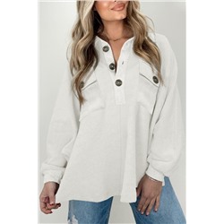 White Oversized Flap Pockets Button Collared Sweatshirt