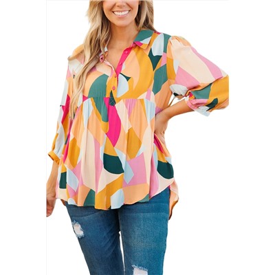 Multicolor Geometric Print Bracelet Sleeve Henley Blouse