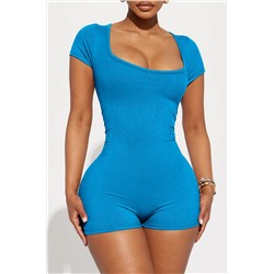 Sky Blue Ribbed Square Neck Short Sleeve Athleisure Romper