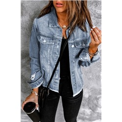 Sky Blue Lapel Distressed Raw Hem Buttons Denim Jacket