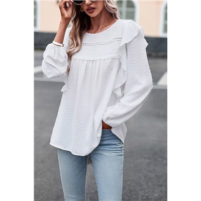 White Lace Eyelet Ruffle Shoulder Long Sleeve Blouse