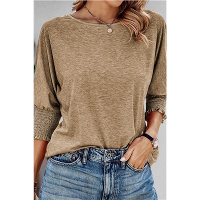 Khaki Smocked 3/4 Sleeve Casual Loose Top