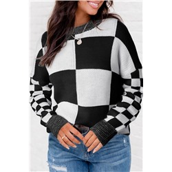 Black Checkered Print Drop Shoulder Sweater