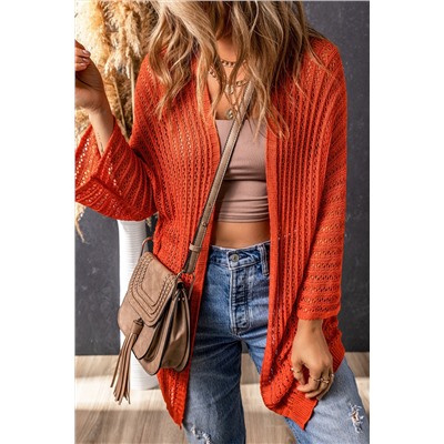 Orange Hollow-out Knit Kimono Lightweight Cardigan