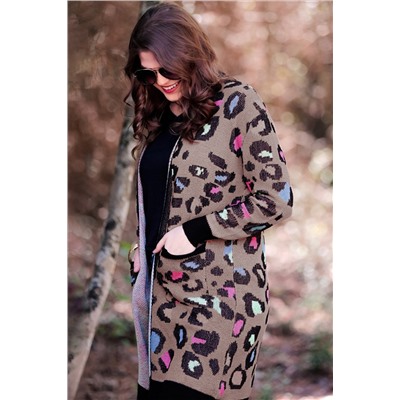 Leopard Contrast Trim Pocketed Open Cardigan