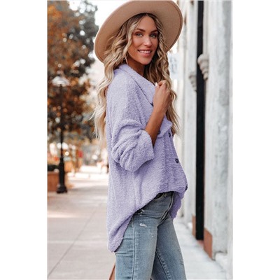 Purple Plush Button Down Pocketed Shirt Jacket