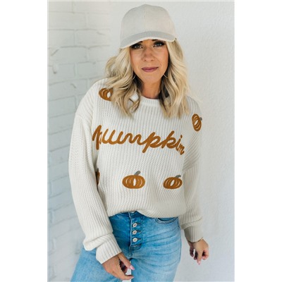 White Pumpkin Yarn Stitch Ribbed Knit Sweater