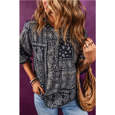 Navy Blue Vintage Boho Paisley Print 3/4 Sleeve Blouse