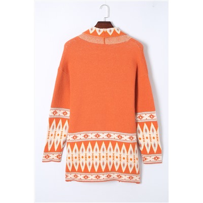 Orange Printed Aztec Print Open Front Knitted Cardigan