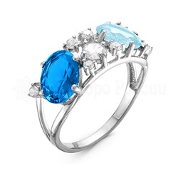 Кольцо из серебра с кварцем топаз swiss blue, sky blue и фианитами родированное 925 пробы К-3409р1020300