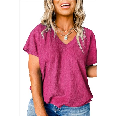 Bright Pink Textured V Neck Bubble Hem Plus Top