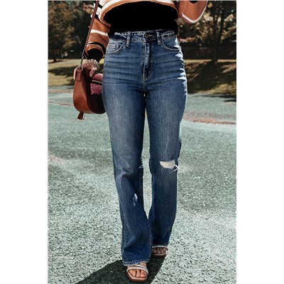 Dark Blue Medium Wash Ripped Straight Leg Jeans