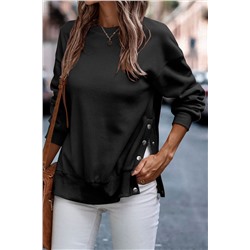 Black Snap Buttons Side Splits Pullover Sweatshirt