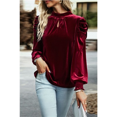 Red Mock Neck Puff Sleeve Velvet Blouse