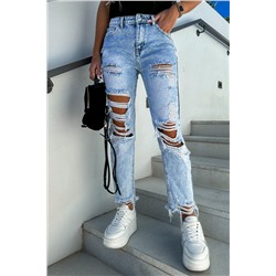 Sky Blue Acid Wash Distressed Slim Fit Jeans