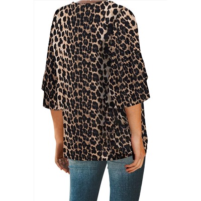 Коричнево-леопардовая свободная блуза с V-образным вырезом и широкими рукавами