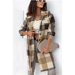 Khaki Plaid Button-Down Flap Pocket Long Shacket