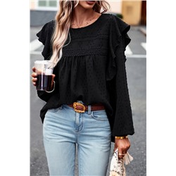 Black Lace Eyelet Ruffle Shoulder Long Sleeve Blouse