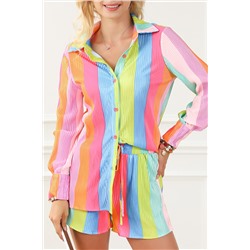 Multicolor Rainbow Stripe Crinckle Shirt and Shorts Outfit