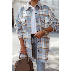 Sky Blue Plaid Flap Pocket Long Sleeve Shacket