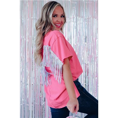 Rose Red Sequined Fringe Wing High-low Hem T-shirt