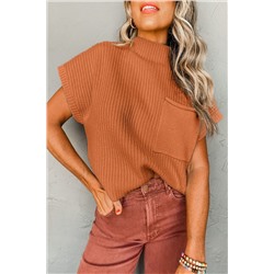 Gold Flame Patch Pocket Ribbed Knit Short Sleeve Sweater