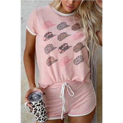 Розовый леопардовый комплект из трикотажа: шорты + футболка