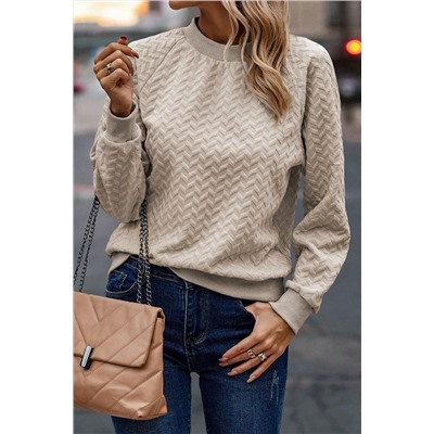 Beige Solid Textured Raglan Sleeve Pullover Sweatshirt