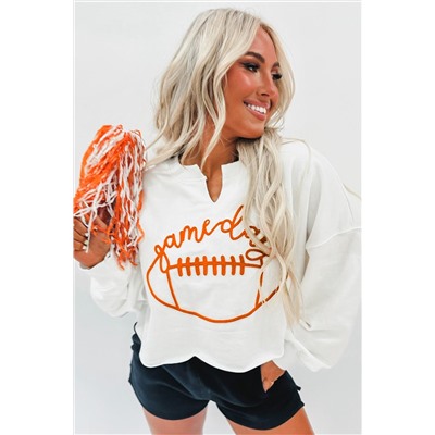 White Game Day Lettering Rugby Notched Neck Sweatshirt