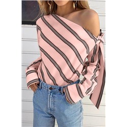 Pink Striped Asymmetric Tied Shoulder Blouse