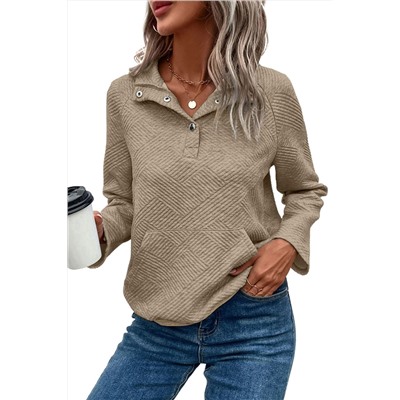 Pale Khaki Textured Knit Buttoned Kangaroo Pocket Sweatshirt